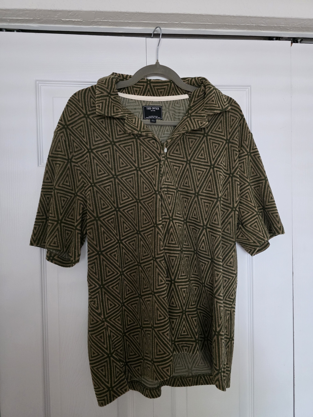 Todd Snyder Olive Green Geometric Short Sleeve Dress Shirt